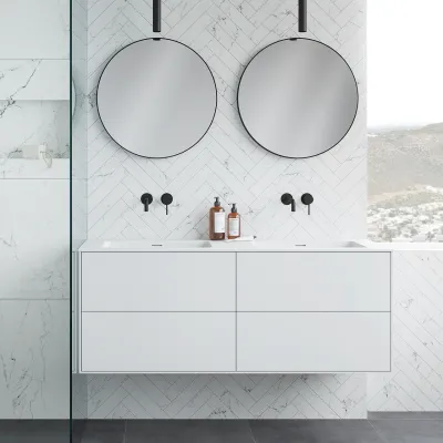 Pulcher Mood 140D Soho - Badmöbel 140x46 cm, Mattweiß mit SolidTec® Waschbecken
