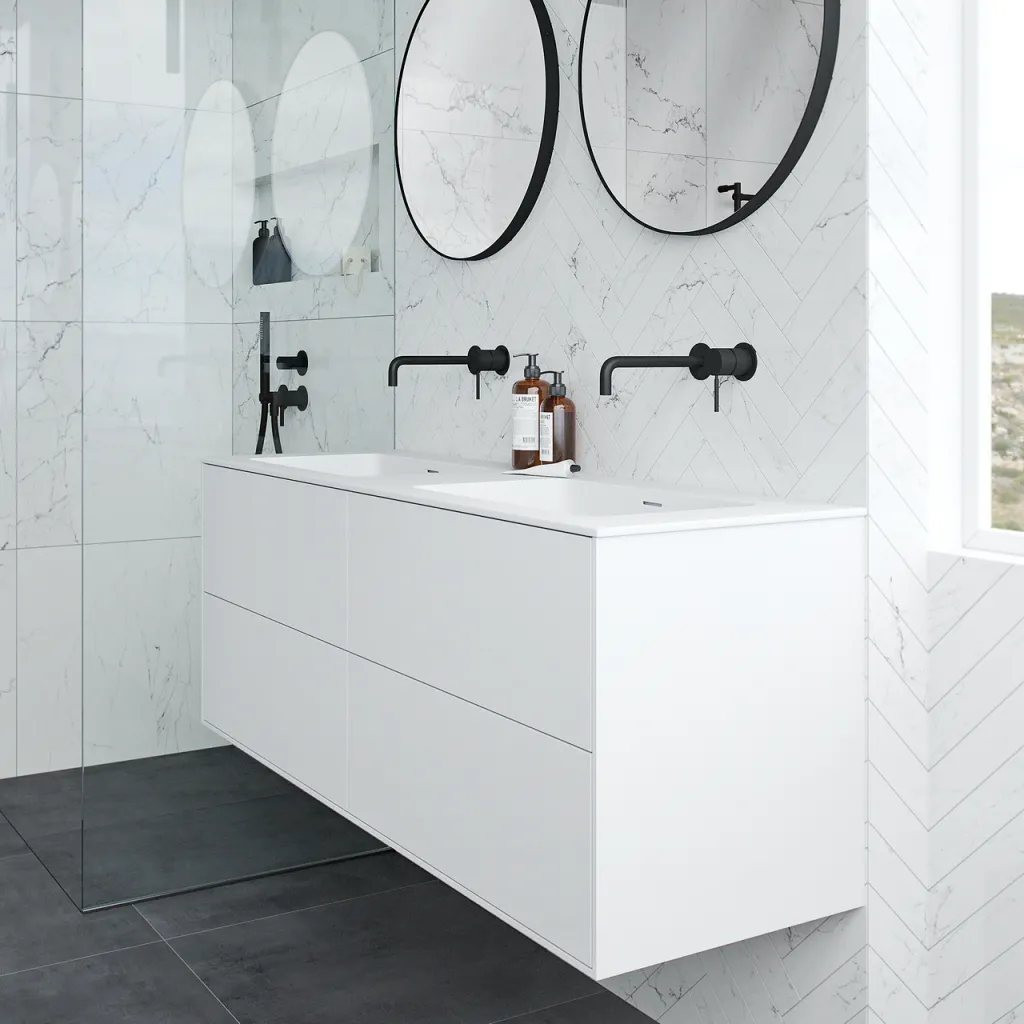 Pulcher Mood 140D Soho - Badmöbel 140x46 cm, Mattweiß mit SolidTec® Waschbecken