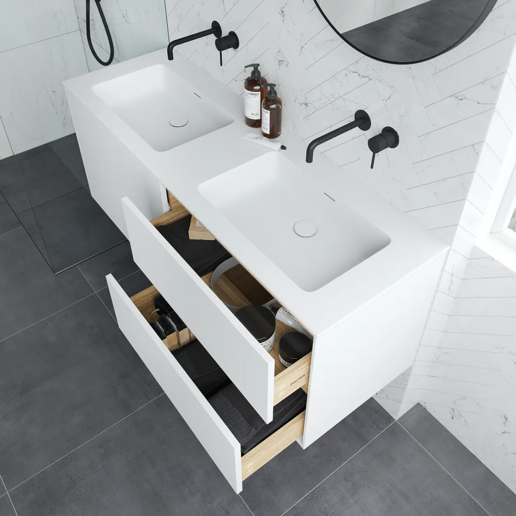 Pulcher Mood 140D Soho - Badmöbel 140x46 cm, Mattweiß mit SolidTec® Waschbecken