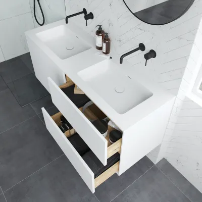 Pulcher Mood 140D Soho - Badmöbel 140x46 cm, Mattweiß mit SolidTec® Waschbecken