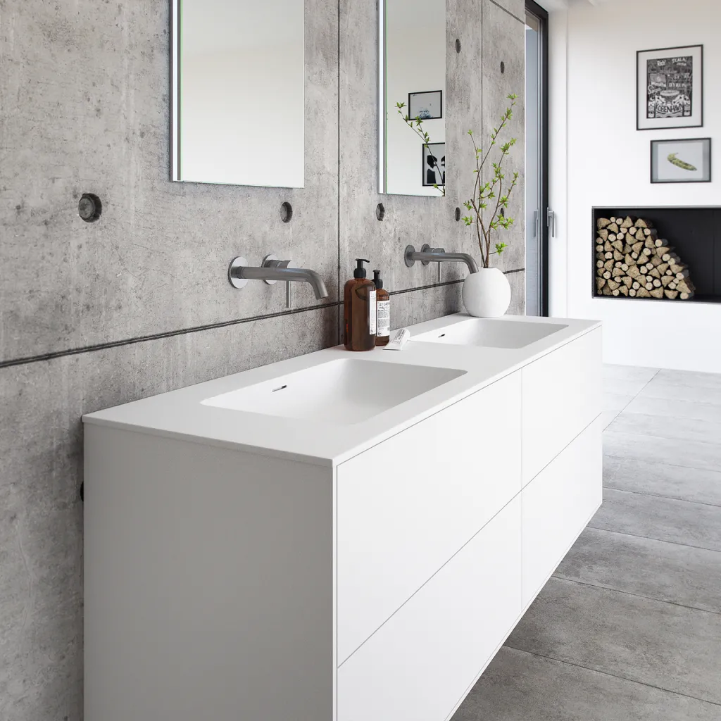Pulcher Mood 160D Soho - Badmöbel 160x46 cm, Mattweiß mit SolidTec® Waschbecken