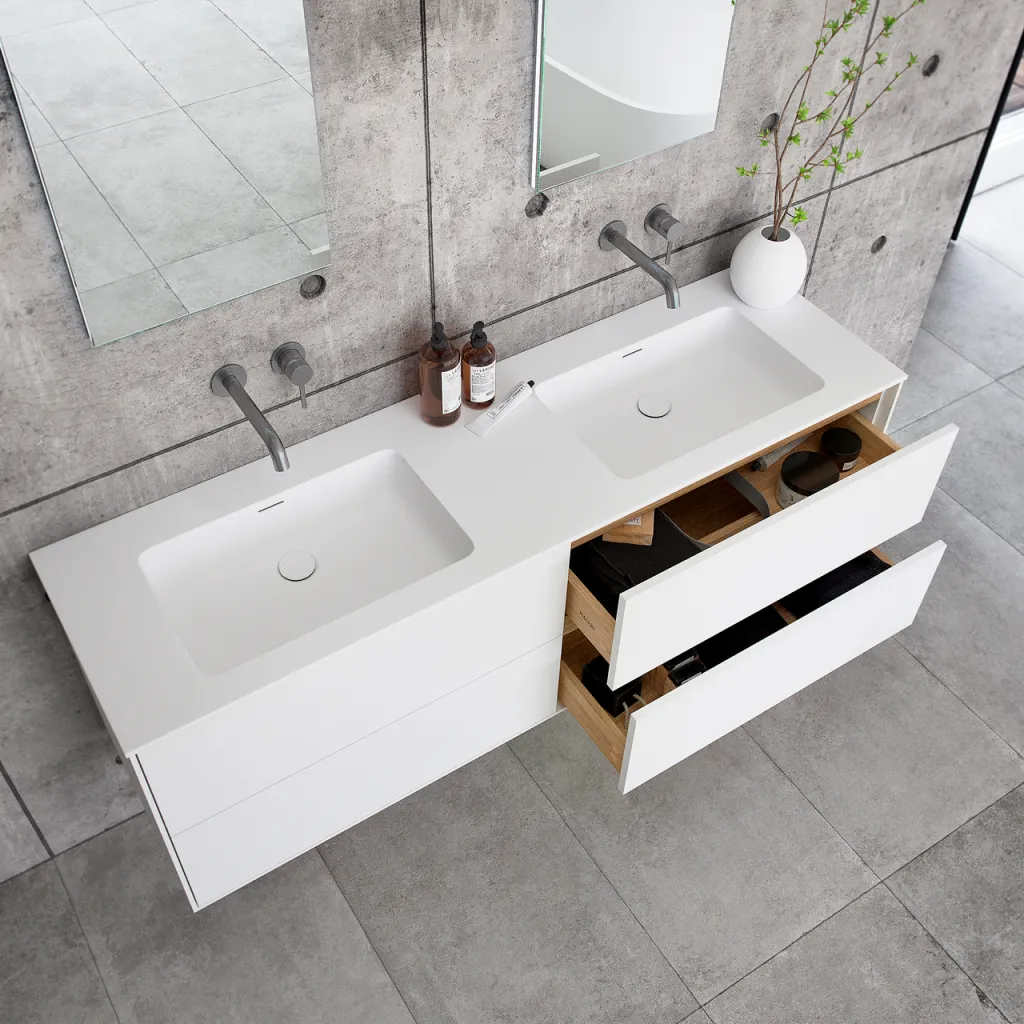 Pulcher Mood 160D Soho - Badmöbel 160x46 cm, Mattweiß mit SolidTec® Waschbecken